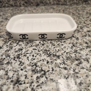 White Ceramic Vanity Soap Dish with Black Logo Accents